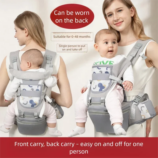 Front and Back Baby Carrier with Hip Seat, Adjustable Buckle Straps and Wide Waist Belt, Gray or Dark Blue Babywearing for Family Outings