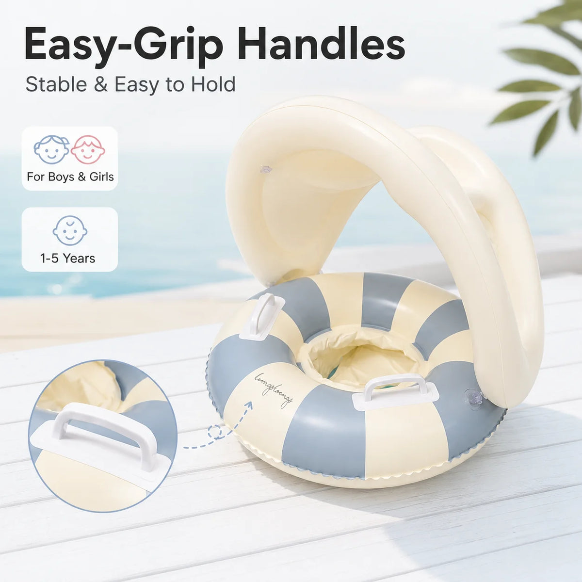 Inflatable Baby Pool Float Seat with Detachable Canopy and Easy-Grip Handles, Retro Striped Swim Ring for Supervised Summer Water Play
