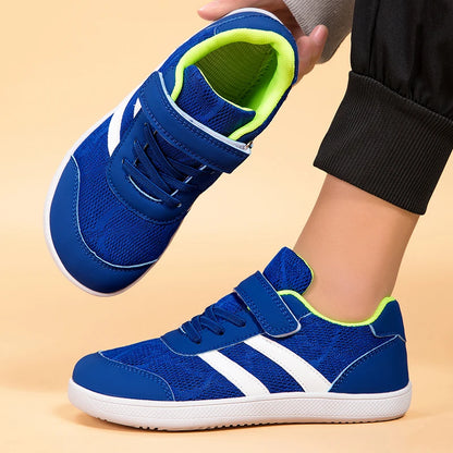Kids Wide-Toe Mesh Sneakers with Adjustable Hook-and-Loop Strap, Contrast Side Stripes and Low-Top Casual Style in Pink, Black or Blue