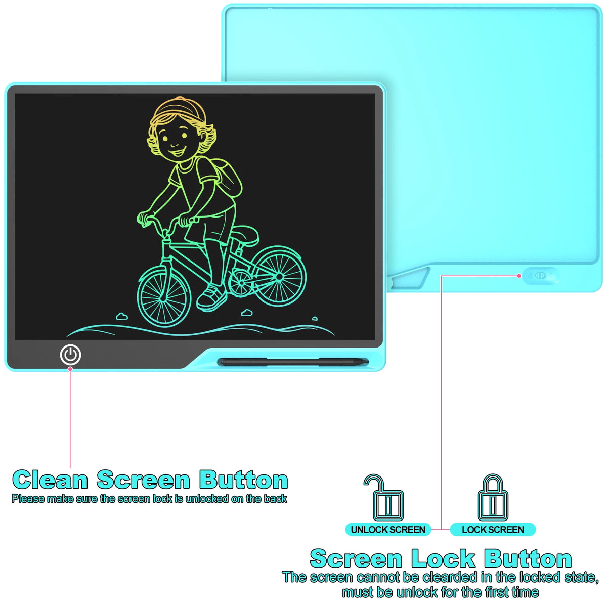 Rechargeable LCD Writing Tablet for Kids, 16 or 20 Inch Color Drawing Board with Screen Lock, Erase Button and Stylus for Learning and Memos