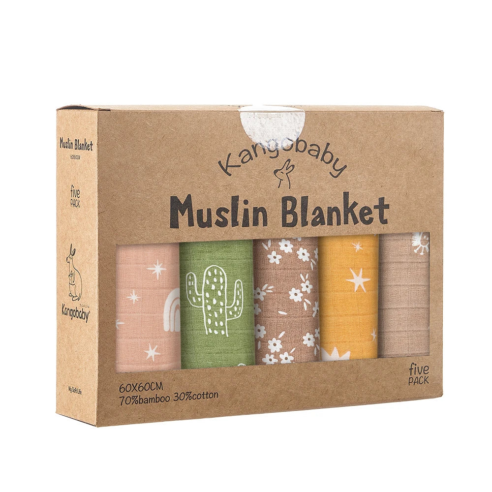 Bamboo Cotton Muslin Blanket Set, 5-Pack 60 x 60 cm Baby Cloths for Burping, Everyday Feeding Cleanup and Baby Shower Gifts by Kangobaby