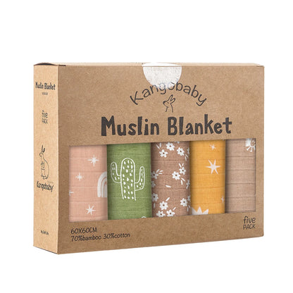 Bamboo Cotton Muslin Blanket Set, 5-Pack 60 x 60 cm Baby Cloths for Burping, Everyday Feeding Cleanup and Baby Shower Gifts by Kangobaby