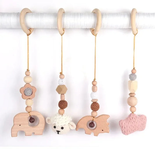 Beech Wood Baby Gym Toy Set, 4 Hanging Animal Pendants with Yarn Details and 5.8 cm Rings for Supervised Looking and Reaching, Frame Not Included