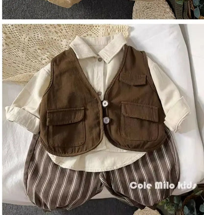 Baby and Toddler Collared Button-Up Shirt with Long Sleeves and Chest Pocket, Beige or Brown Unisex Casual Top for Spring and Fall Family Outfits