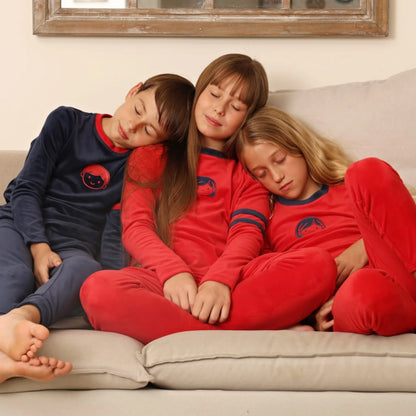 Kids Velour Pajamas with Printed Face Motifs, Red and Navy Long Sleeve Lounge Sets with Baby Footie and Teen Dress Options for Coordinated Outfits