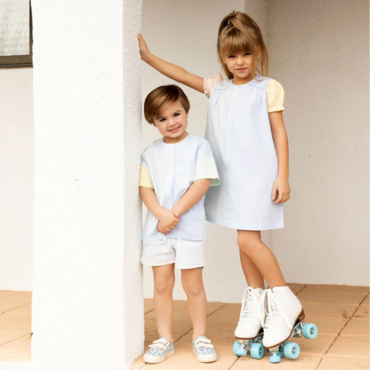 Pinstripe Kids Clothing with Pastel Colorblock Sleeves, Coordinating Shirts, Dresses, Baby Rompers, Overalls and Jumper Styles for Sibling Photos