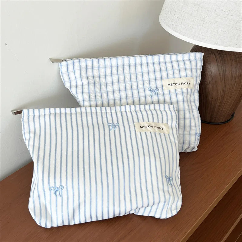 Baby Essentials Pouch with Striped Bow Embroidery and Zipper Closure, Small or Large Diaper Bag Organizer for Toiletries, Makeup and Travel