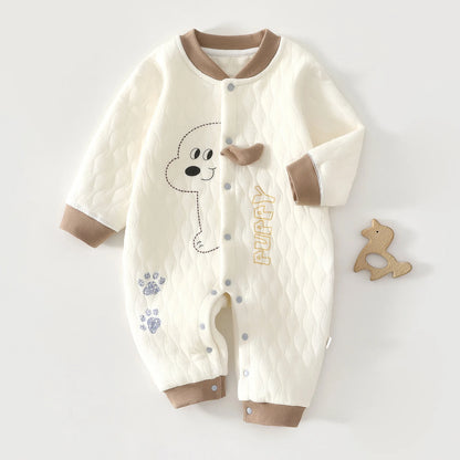 Quilted Baby Snap-Front Romper with Cartoon Dog or Dinosaur Details, Long Sleeve Footless Jumpsuit with Contrast Cuffs for Infant Everyday Outfits