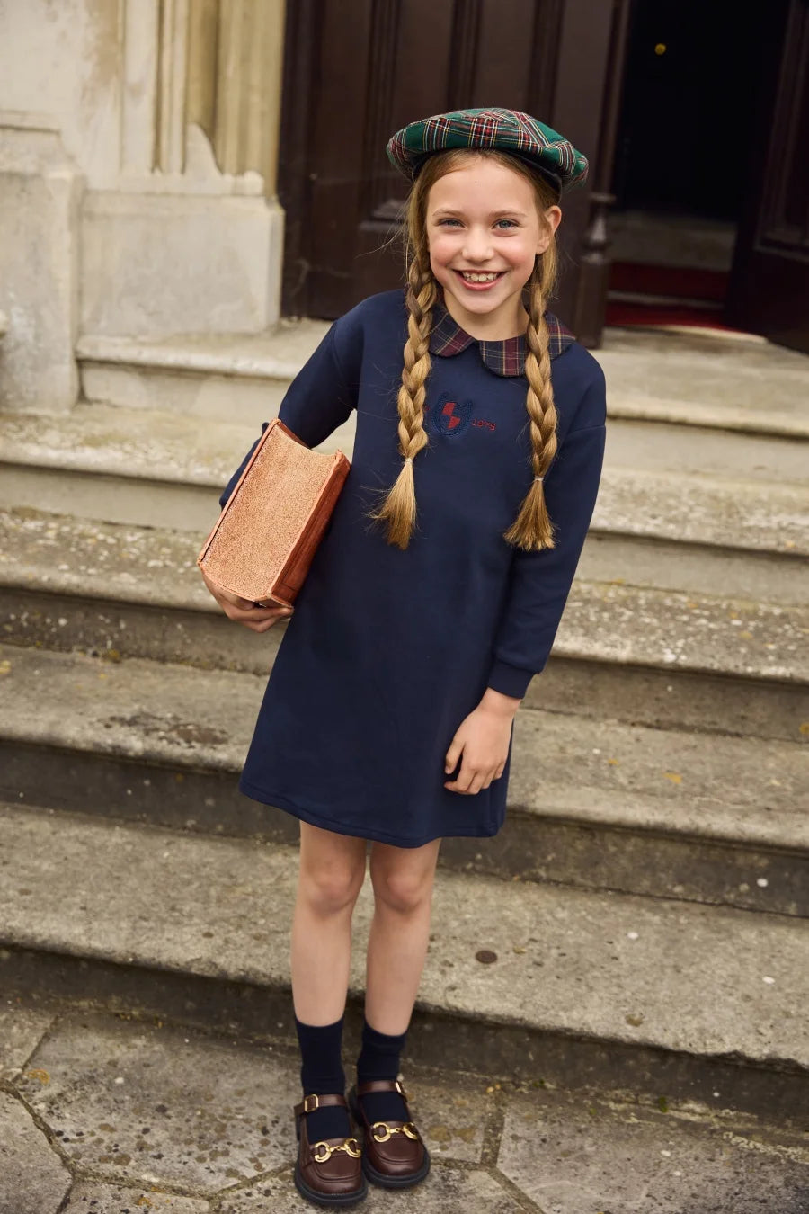 Kids Matching Varsity Outfits, Navy Embroidered Tops, Denim Skirts and Dresses for Babies, Boys and Girls, Sibling Photos and Fall Layering
