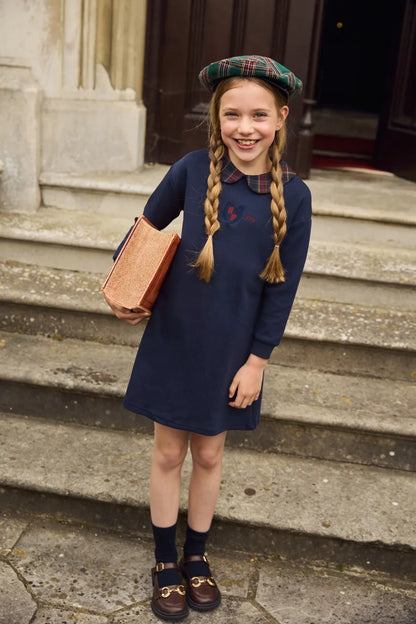 Kids Matching Varsity Outfits, Navy Embroidered Tops, Denim Skirts and Dresses for Babies, Boys and Girls, Sibling Photos and Fall Layering