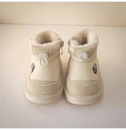 Plush-Lined Kids Snow Boots with Side Zippers and Chunky Platform Soles, Boys and Girls Winter Ankle Boots in Pink, Black and Ivory