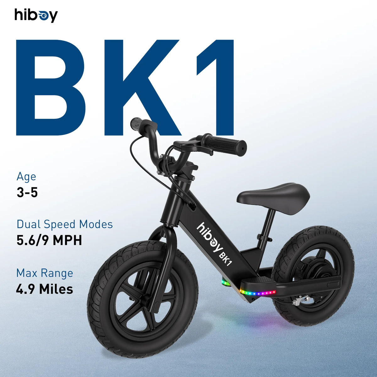 Kids Electric Balance Bike Hiboy BK1 with 12-Inch Tires, Adjustable Seat and Front V-Brake, Up to 9 MPH and 4.9-Mile Range for Ages 3–5