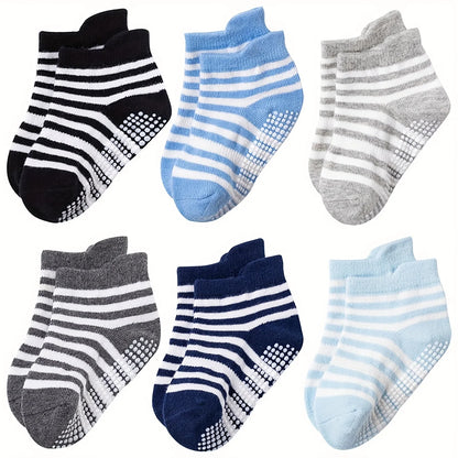 Toddler Grip Socks 6-Pair Set for Babies and Kids, Breathable Polyester Non-Slip Floor Socks in Solid and Striped Styles for Everyday Wear
