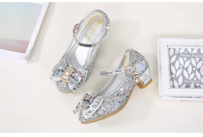 Bow-Accent Glitter Mary Jane Shoes for Girls with Buckled Strap and Block Heel, Sparkling Princess Dress Shoes for Parties and Weddings