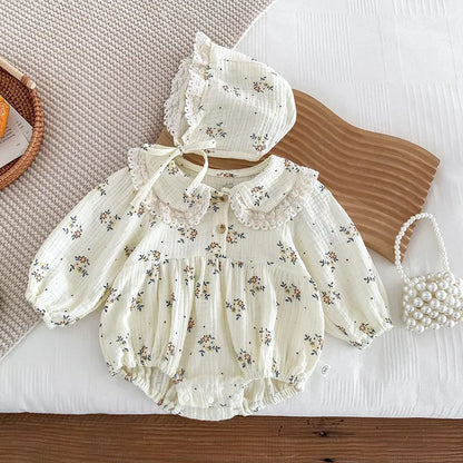 Lace Collar Baby Girl Romper with Bonnet, Cream Floral Long Sleeve Bubble One-Piece and Matching Hat for Spring Photos, Sizes 66-90