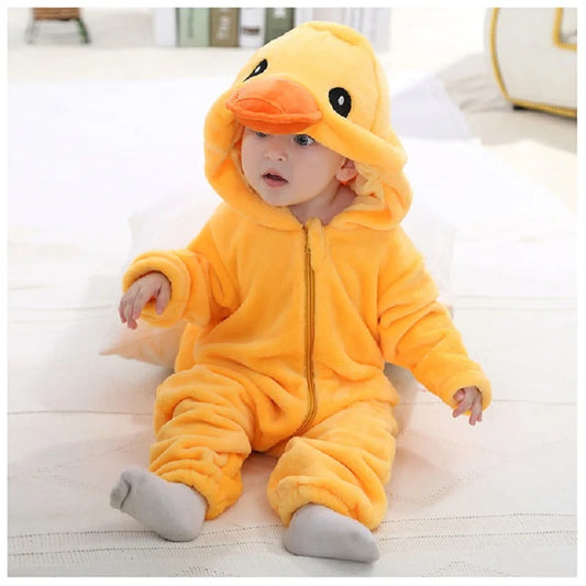 Baby Animal Hooded Costume Jumpsuit with Flannel Styling, Duck, Rabbit, Leopard and More Dress-Up Options for Boys and Girls, Sizes 70-120