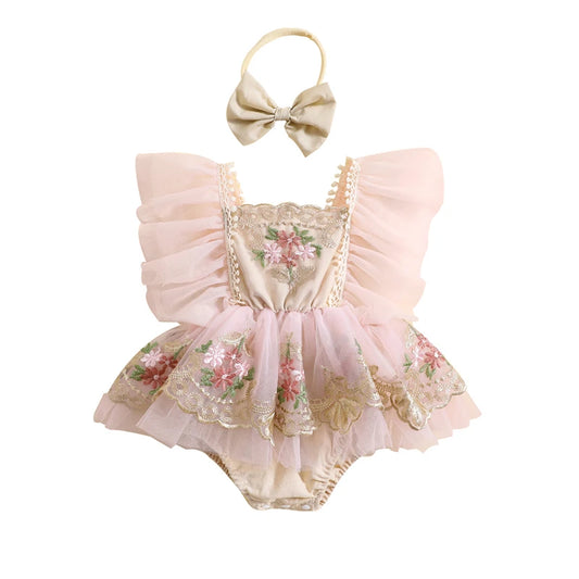 Baby Girl Lace Romper Set with Bow Headband, Pink Floral Embroidery and Flutter Sleeves, Summer One-Piece Outfit for 0-24 Months