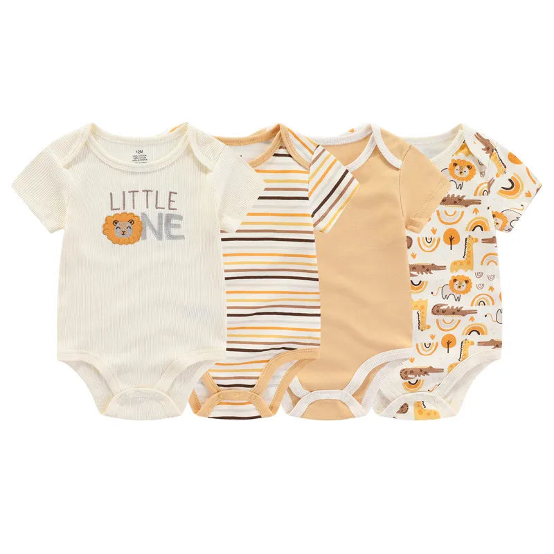Cotton Baby Bodysuit 4-Piece Set by Kiddiezoom, Short Sleeve Infant Outfits with Envelope Shoulders, Snap Bottoms and Mixed Designs, 3M-12M