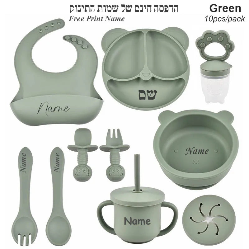 Ten-Piece Personalized Baby Feeding Set with Panda Divided Plate, Suction Bowl, Pocket Bib, Straw Cup and Utensils in Nine Color Options