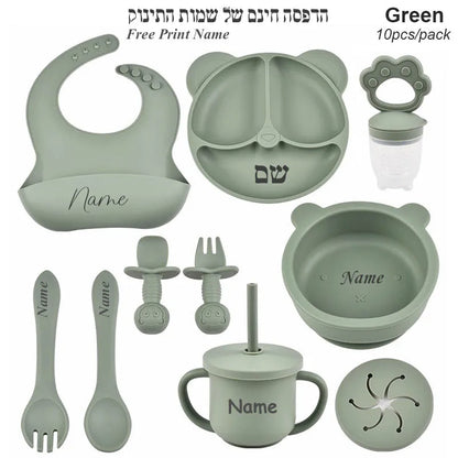 Ten-Piece Personalized Baby Feeding Set with Panda Divided Plate, Suction Bowl, Pocket Bib, Straw Cup and Utensils in Nine Color Options