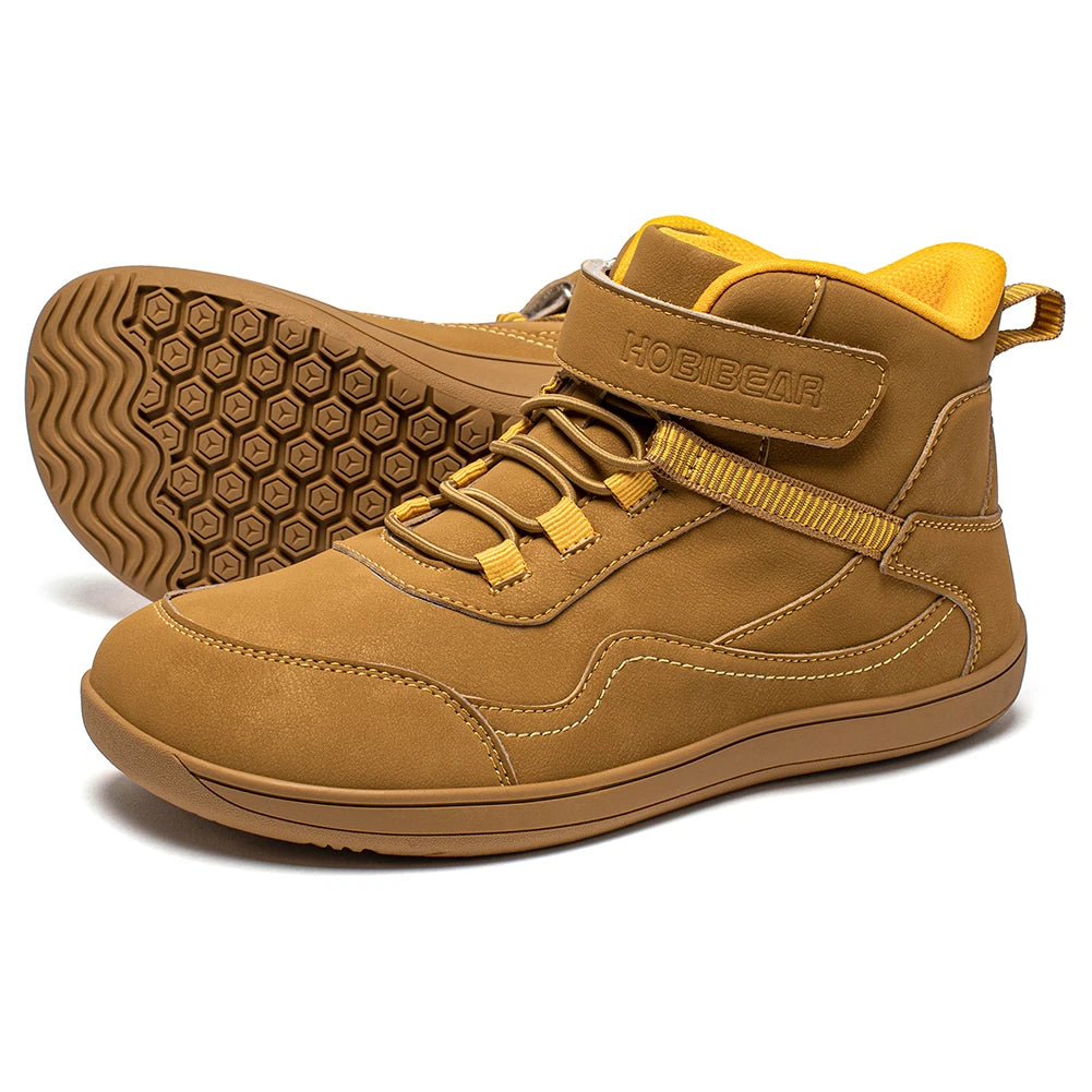 Kids Barefoot Boots with Wide Toe Box, Zero-Drop Sole and Adjustable Hook-and-Loop Strap, HOBIBEAR Artificial Leather Mid-Top Outdoor Shoes