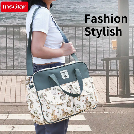 Diaper Tote Bag with Wide Opening and Printed Front Pockets, Large Capacity Baby Essentials Organizer for Moms, Travel and Everyday Outings