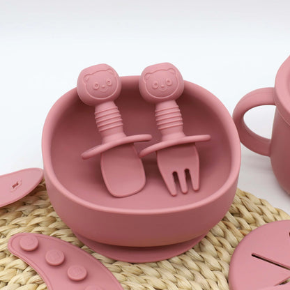 Baby Silicone Tableware Set, 9-Piece Mealtime Collection with Divided Plate, Suction Bowl, Pocket Bib, 2-in-1 Cup and Utensils in Four Colors