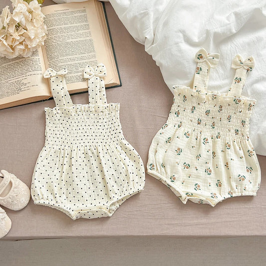 Smocked Baby Girl Romper with Bow Shoulder Straps, Sleeveless Floral or Polka Dot Summer One-Piece Outfit for Family Photos and Visits, Sizes 66-90