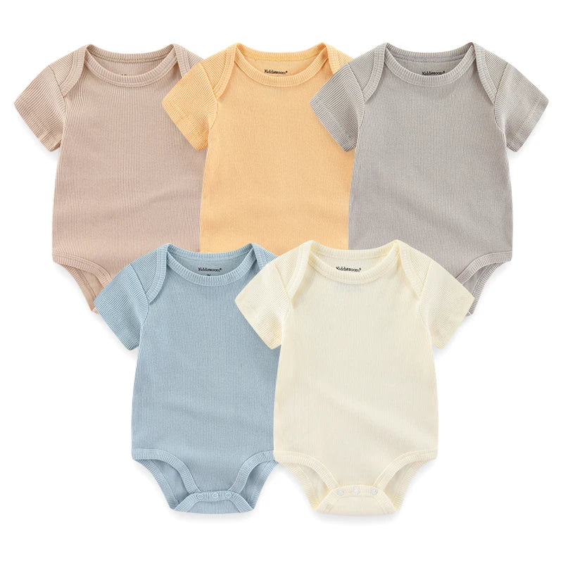 Infant Cotton Bodysuits 5-Pack with Short Sleeves and Envelope Shoulders, Solid Colors and Playful Prints for Baby Boys and Girls, Sizes 3M-12M