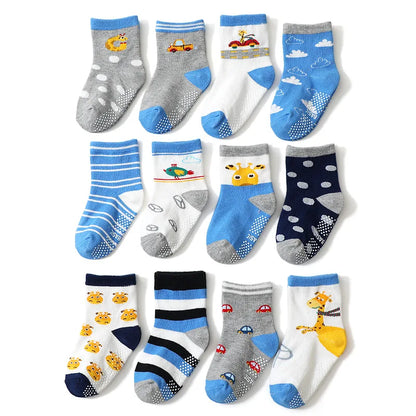 Cotton-Rich Baby Non-Slip Socks 12-Pair Pack, Crew Grip Socks with Ribbed Cuffs and Stretch Fit for Infant and Toddler Boys and Girls