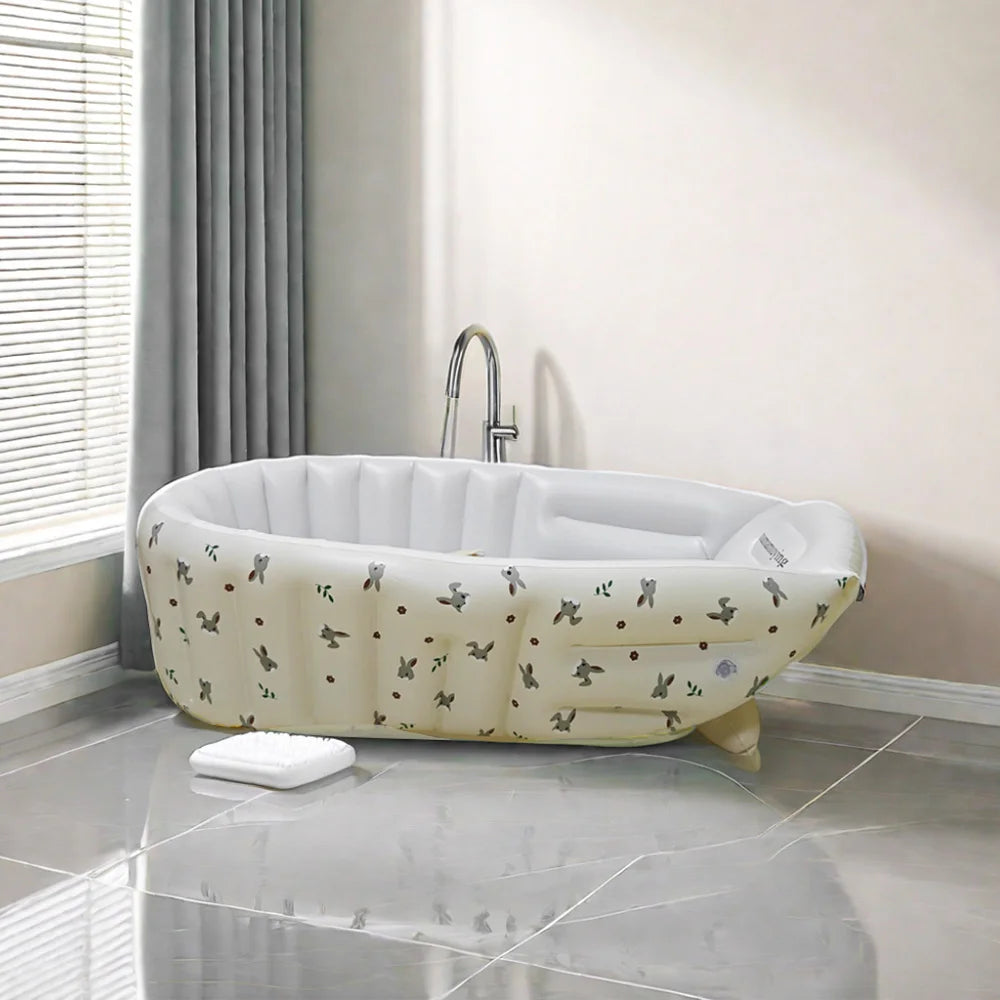 Portable Baby Bath Tub with Built-In Air Pump, Inflatable PVC Bathtub in Animal and Olive Prints for Home Bathing and Family Travel