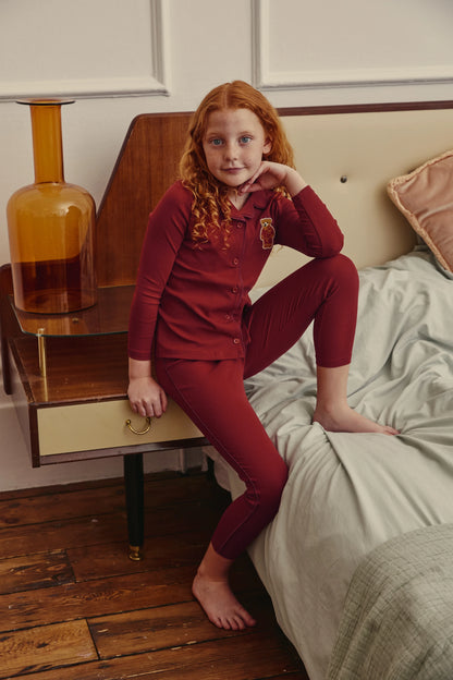 Kids Button Front Loungewear with Teddy Bear Motif, Long Sleeve Shirt and Pants Sets, Dress and Baby Romper Options in Blue, Pink and Red