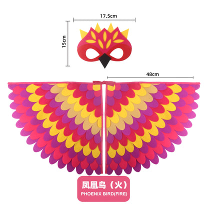 Kids Bird Wings and Mask Costume Set with Layered Felt Feather Cape, Colorful Animal Dress-Up for Halloween, Birthday Parties and Stage Performances
