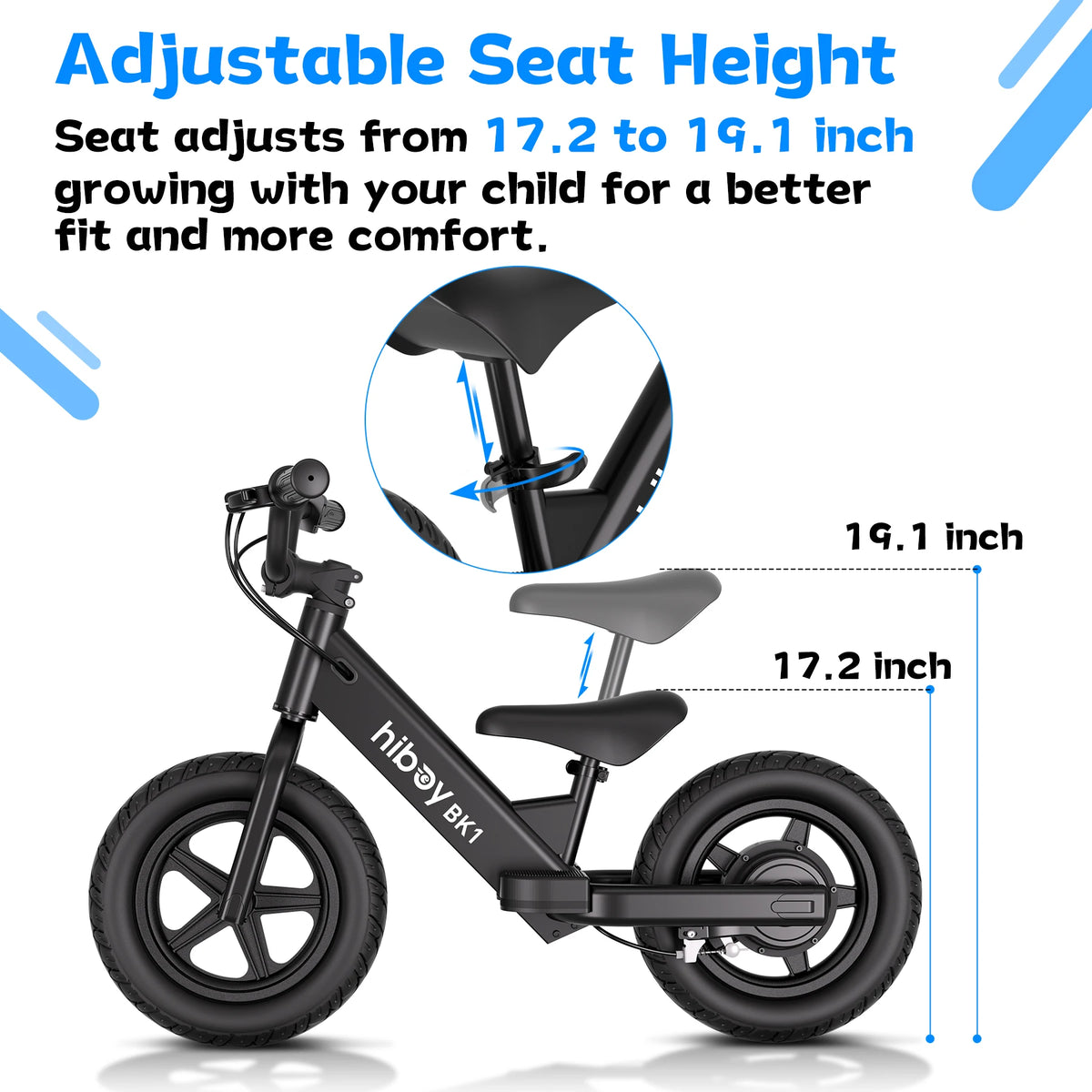 Kids Electric Balance Bike Hiboy BK1 with 12-Inch Tires, Adjustable Seat and Front V-Brake, Up to 9 MPH and 4.9-Mile Range for Ages 3–5