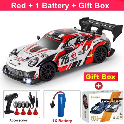 RC Drift Racing Car with 4WD, 2.4GHz Proportional Remote Control, LED Lights and Replaceable Racing and Drift Tires for Kids and Adults