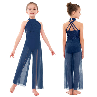 Girls Sequin Dance Jumpsuit with Split Wide-Leg Mesh, Sleeveless Mock Neck and Crisscross Back for Lyrical Recitals and Stage Performances