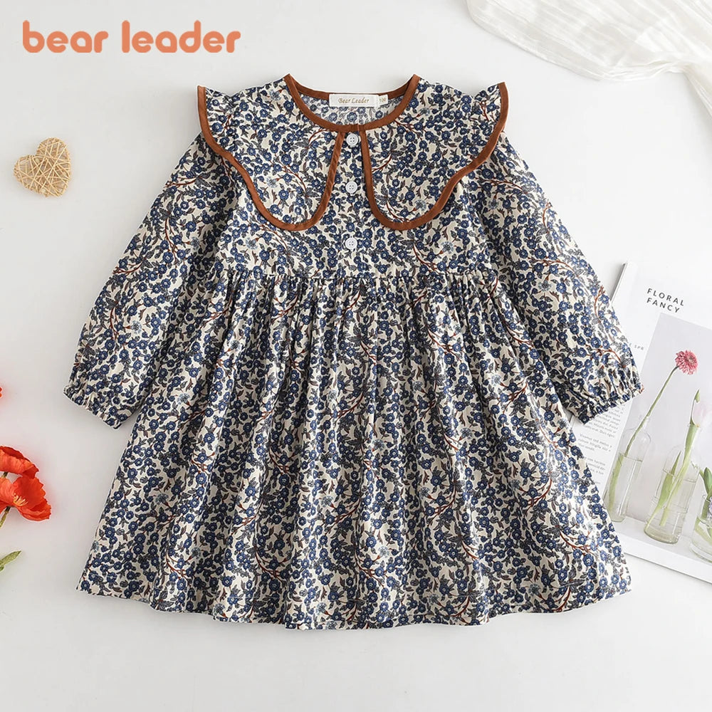 Toddler Girls Floral Dress with Oversized Collar and Long Sleeves, Bear Leader Outfit in Sizes 2T–6T for Spring, Fall and Family Photos