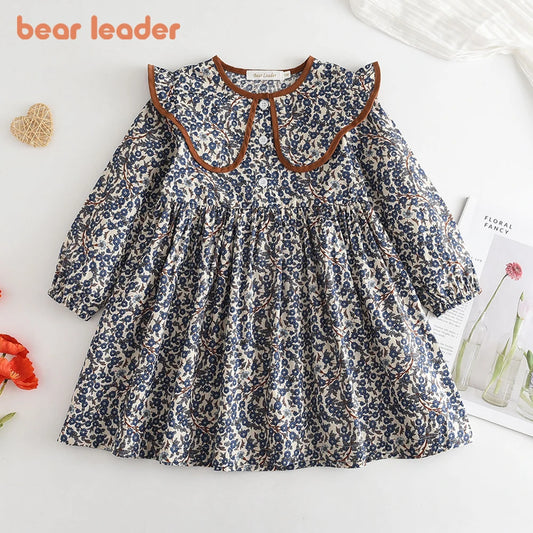 Toddler Girls Floral Dress with Oversized Collar and Long Sleeves, Bear Leader Outfit in Sizes 2T–6T for Spring, Fall and Family Photos