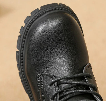 Girls Mid-Calf Lace-Up Boots with Side Zippers, Chunky Lug-Style Soles and Back Pull Tabs, Fall Winter Fashion Footwear in Sizes 27-36