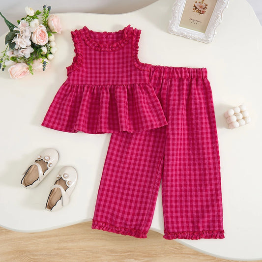 Girls Gingham Pants Set with Sleeveless Ruffle Peplum Top and Elastic Waist Wide Leg Palazzo Pants, Retro Plaid Two-Piece Outfit, 2T–7T