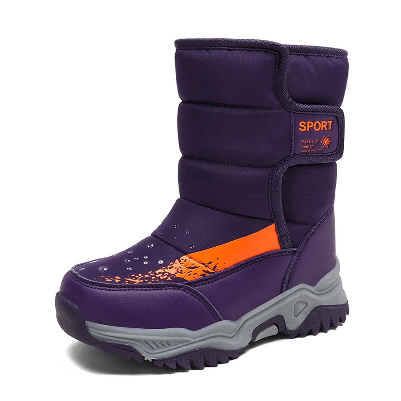 Kids Plush-Lined Winter Boots with Padded Shafts and Front Flap Closures, Pink or Purple Snow-Style Footwear for Boys and Girls