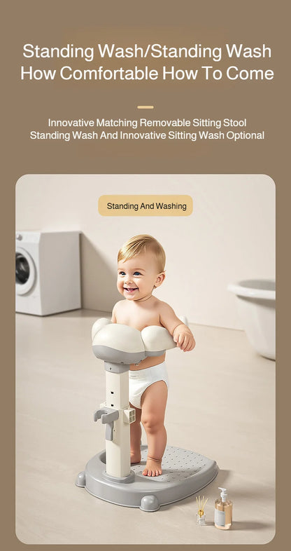 Adjustable Kids Shower Stand with Wraparound Support, Textured Base and Showerhead Holder, Gray or Brown Options for Adult-Supervised Bathing
