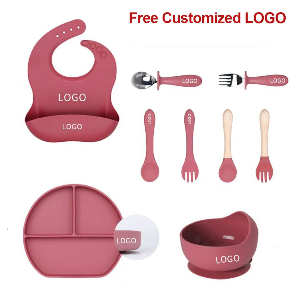 Ten-Piece Personalized Baby Feeding Set with Panda Divided Plate, Suction Bowl, Pocket Bib, Straw Cup and Utensils in Nine Color Options