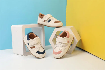 Toddler Microfiber Leather Sneakers with Hook-and-Loop Strap and Colorblock Trim, DIMI Baby Boys and Girls Casual Shoes in Blue Brown or Pink