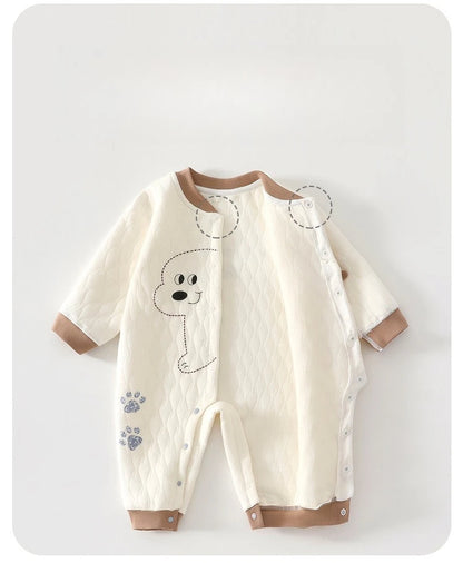 Quilted Baby Snap-Front Romper with Cartoon Dog or Dinosaur Details, Long Sleeve Footless Jumpsuit with Contrast Cuffs for Infant Everyday Outfits