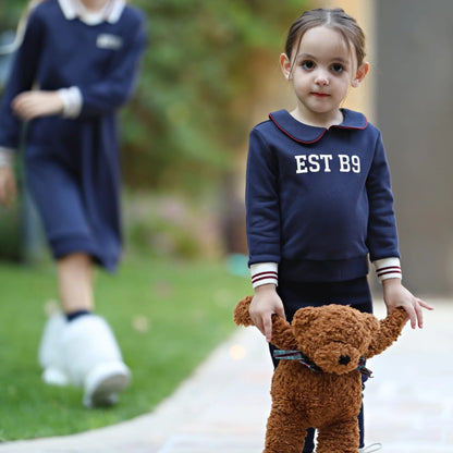 Navy Collared Kids Matching Outfits with Striped Trim, Boys Sweatshirt, Girls Dress and Skirt Set Options for Sibling Photos and Fall