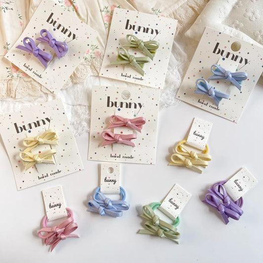 Ribbon Bow Hair Accessories for Girls, 2-Piece Matching Hair Clip or Elastic Hair Tie Set in Five Colors for Ponytails and Everyday Outfit Styling