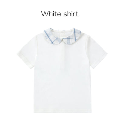 Light Blue Sibling Matching Outfits with Cotton Girls Collared Dresses, Baby Rompers and Boys Plaid Sets, Lyocell Knit Tops and White Separates