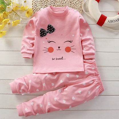 Kids Cat Print Pajama Set, Pink Long Sleeve Top with Shoulder Snaps and Matching Heart Print Pants, 2-Piece Autumn Homewear Outfit