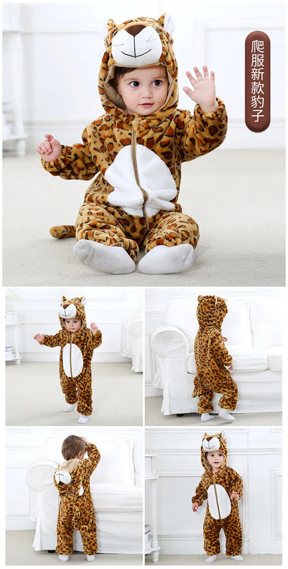 Baby Animal Hooded Costume Jumpsuit with Flannel Styling, Duck, Rabbit, Leopard and More Dress-Up Options for Boys and Girls, Sizes 70-120